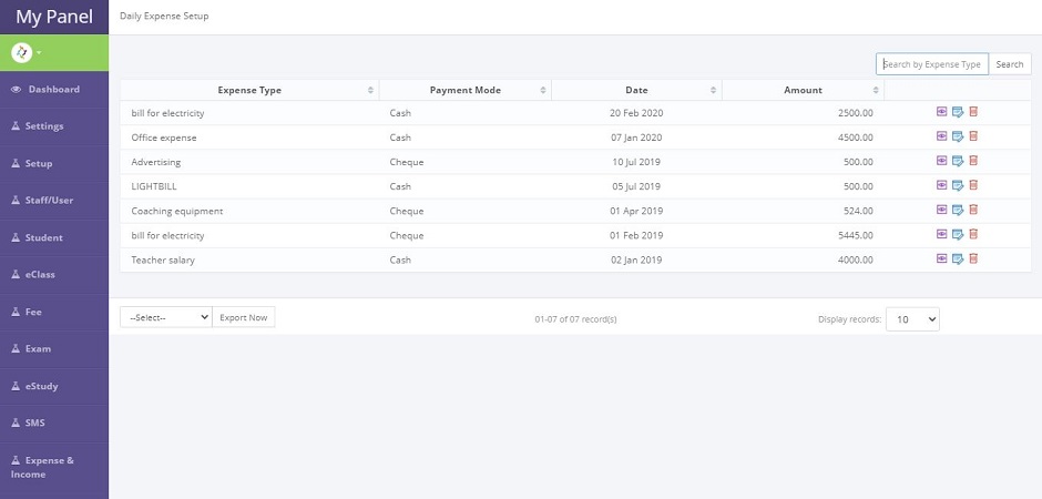 student Expense management system for Institutes